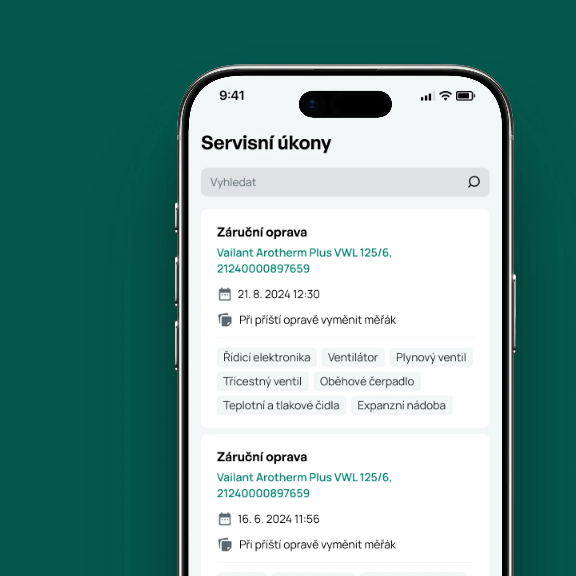 Mobilní aplikace Vaillant se seznamem záručních oprav tepelného čerpadla